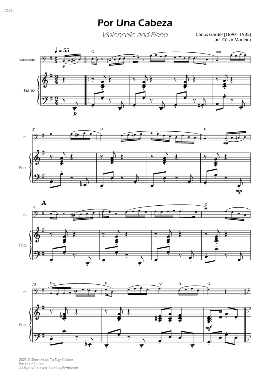 Por Una Cabeza - Cello and Piano - W/Chords (Full Score and Parts) Piano scores gallery preview page 3