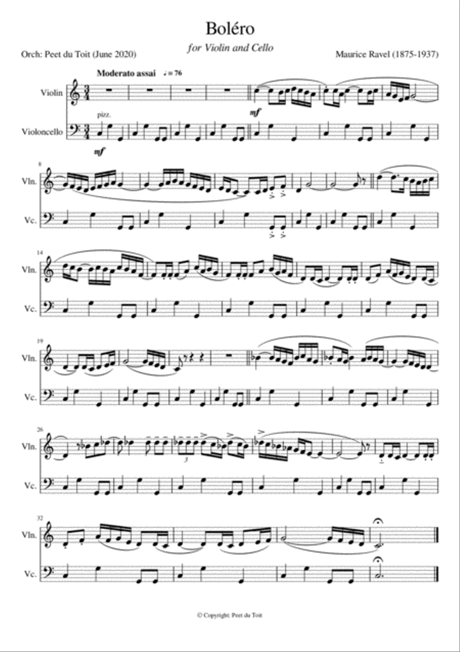Boléro - Maurice Ravel (Violin & Cello) abridged Boléro - Maurice Ravel (Violin & Cello) abridged String Duet scores gallery preview page 1