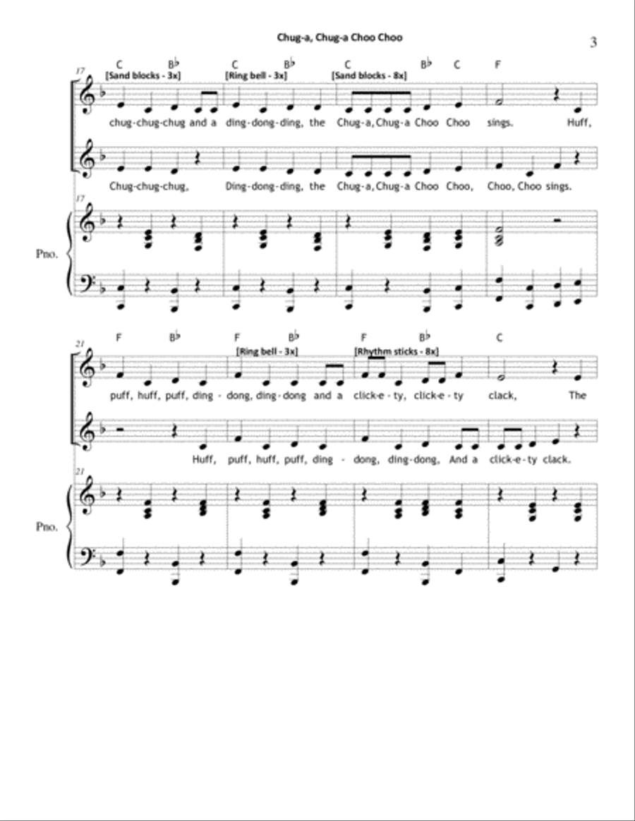 Chug-a Chug-a Choo Choo (Unison/2-Part Mixed Chorus with Optional Sand Blocks/Bell/Rhythm Sticks/Tra Unison Choir scores gallery preview page 3
