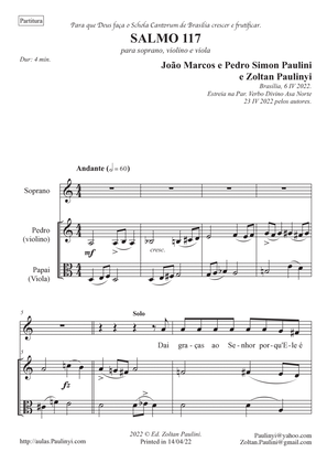 Salmo 117 (Psalm in Portuguese) for Soprano, Violin, Viola. Full score and set of parts. Partitura e