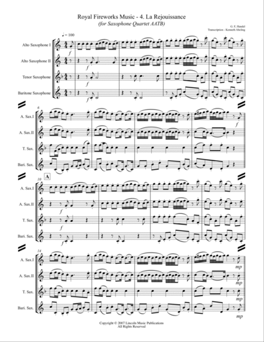 La Rejouissance from Royal Fireworks Music (for Saxophone Quartet AATB) Saxophone Quartet scores gallery preview page 2