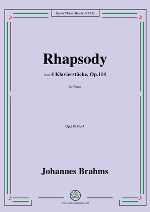 Book cover for Brahms-Rhapsody,from 4 Klavierstucke,Op.119 No.4,in E flat Major,for Piano
