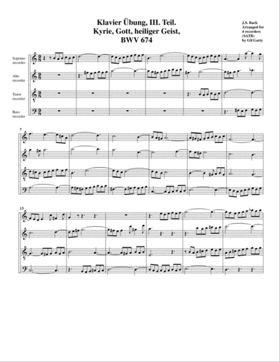 Kyrie, Gott, heiliger Geist, BWV 674 from Klavier Uebung, III. Teil (arrangement for 4 recorders) Recorder scores gallery preview page 1