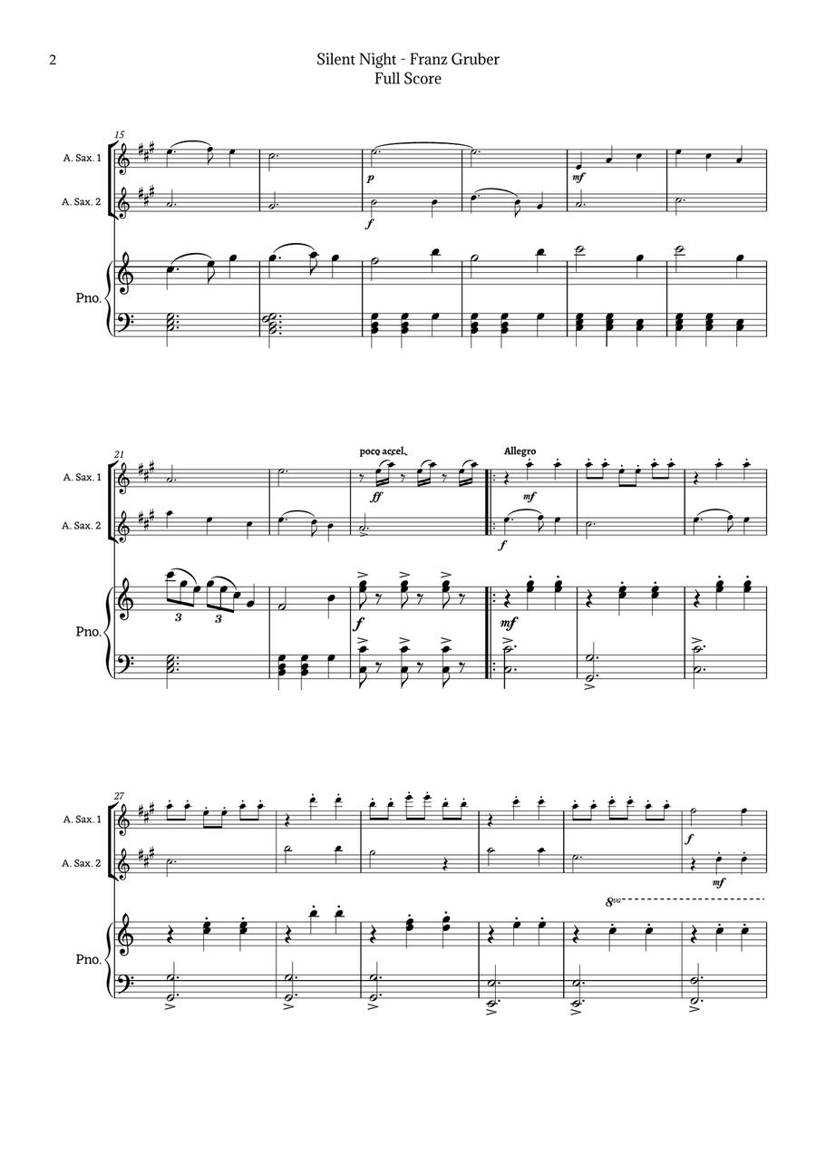 Silent Night for Alto Sax Duet with Piano Woodwind Duet scores gallery preview page 2