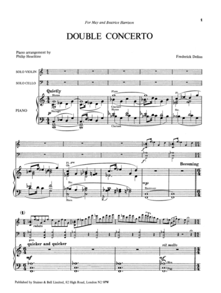 Double Concerto transcribed by Philip Heseltine for Violin, Cello and Piano