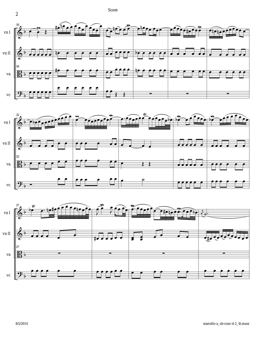Marcello A: Oboe Concerto in d movement 2 (Adagio) arranged for String Quartet String Quartet scores gallery preview page 2