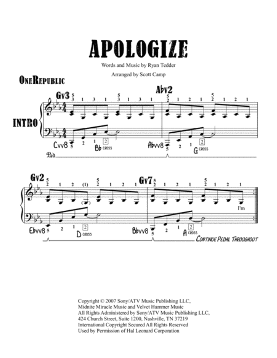 Apologize Piano Solo scores gallery preview page 1