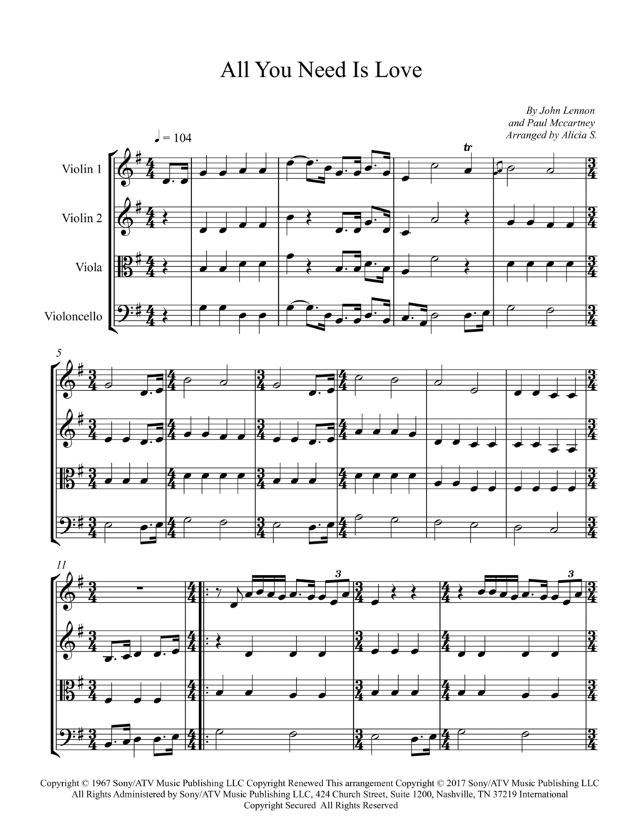 All You Need Is Love String Quartet scores gallery preview page 1