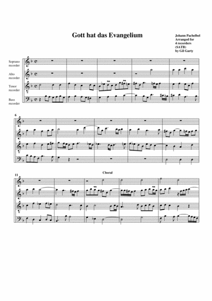 Gott hat das Evangelium (arrangement for 4 recorders)
