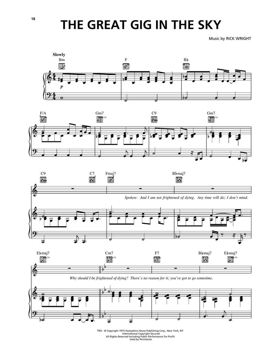The Great Gig In The Sky Piano, Vocal, Guitar scores gallery preview page 1