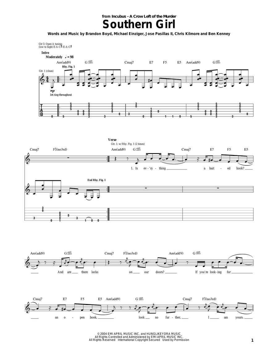 Southern Girl Guitar Tablature scores gallery preview page 1