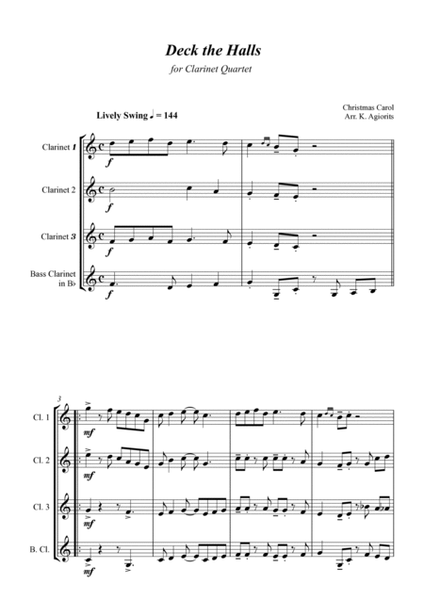 Deck the Halls - Jazz Carol for Clarinet Quartet image number null