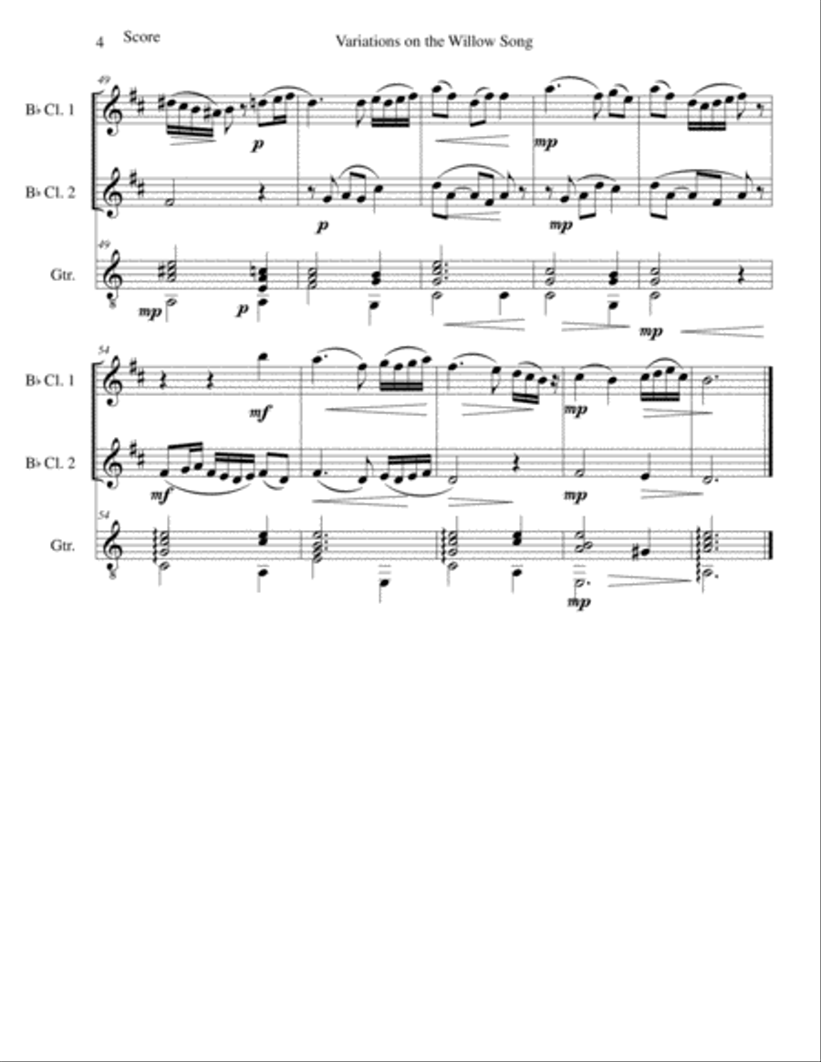 Variations on The Willow Song for 2 clarinets and guitar Clarinet Duet scores gallery preview page 4