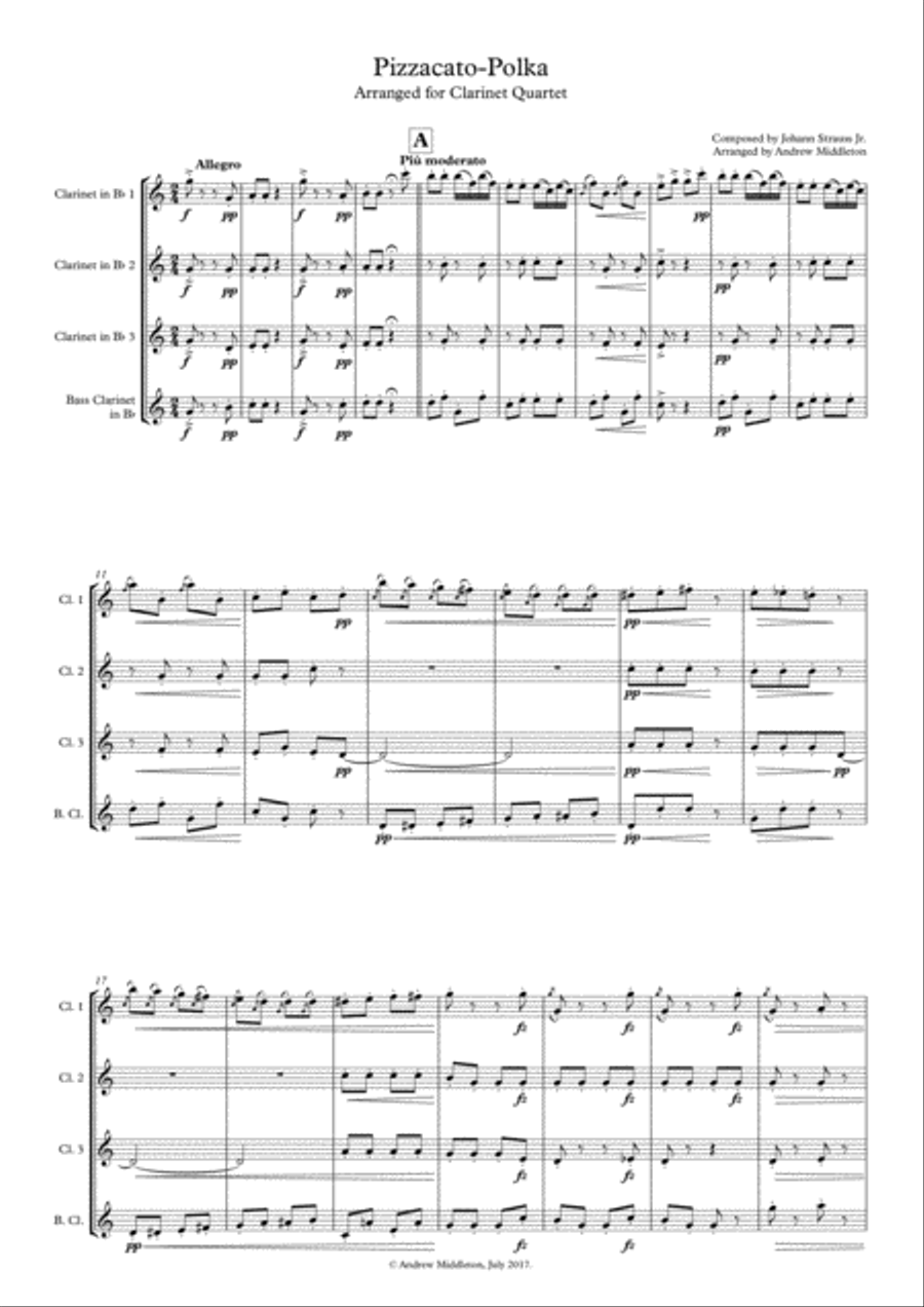 Pizzicato Polka arranged for Clarinet Quartet Clarinet Quartet scores gallery preview page 1