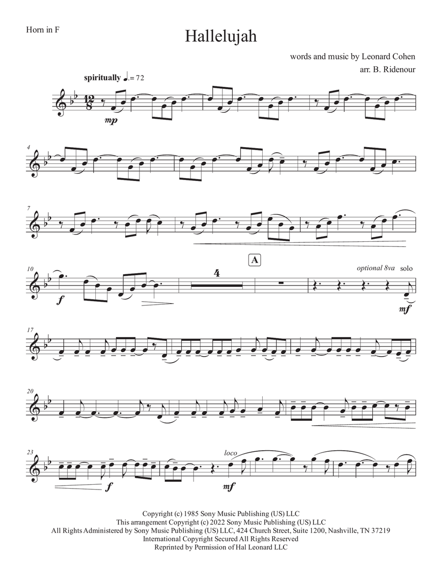 Hallelujah - F Horn Hallelujah - F Horn Brass Quintet scores gallery preview page 1