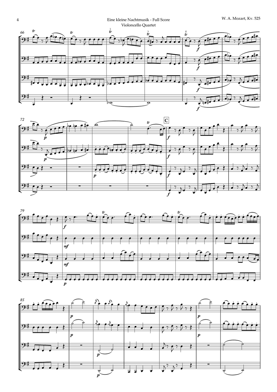 Eine kleine Nachtmusik by Mozart for Cello Quartet String Quartet scores gallery preview page 4