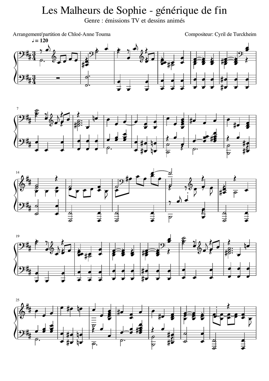 Les Malheurs de sophie (générique TV de fin) Piano Solo scores gallery preview page 1