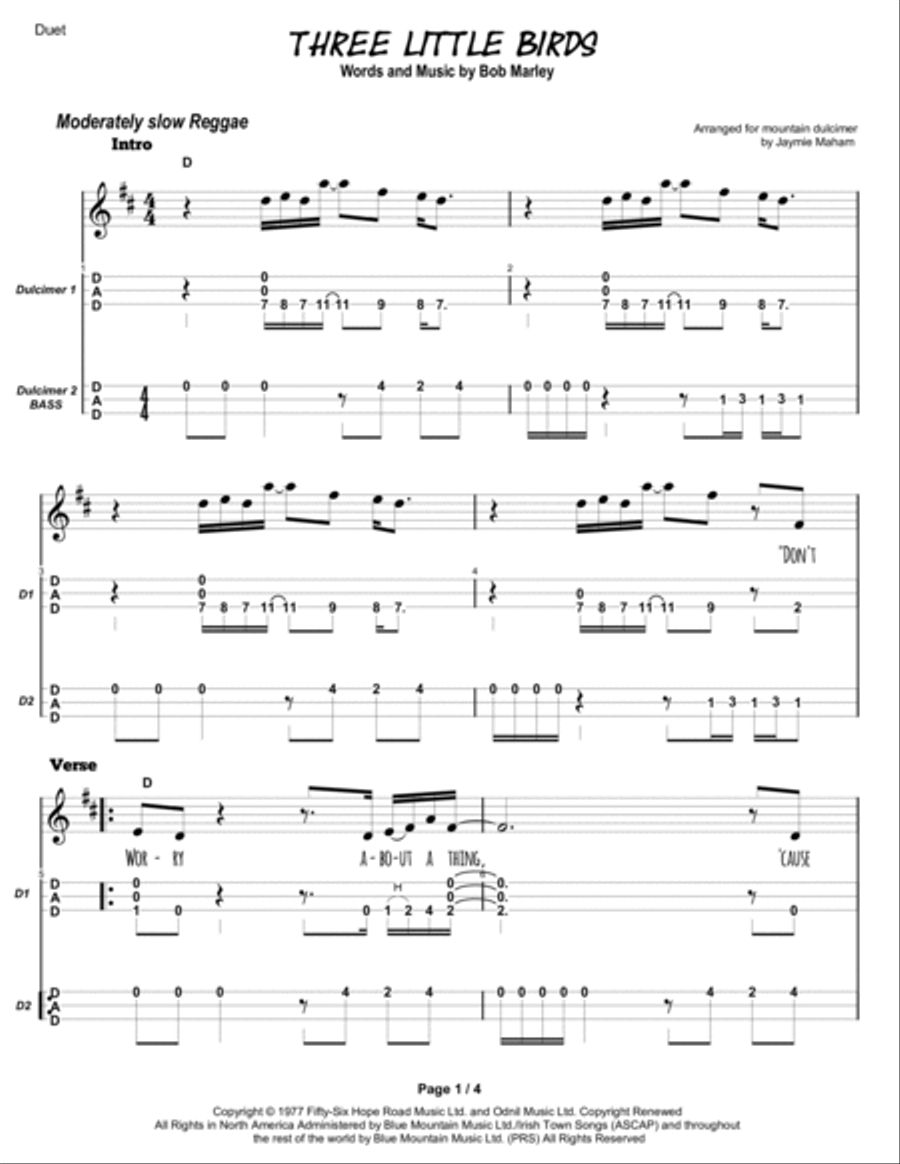 Three Little Birds Dulcimer scores gallery preview page 2