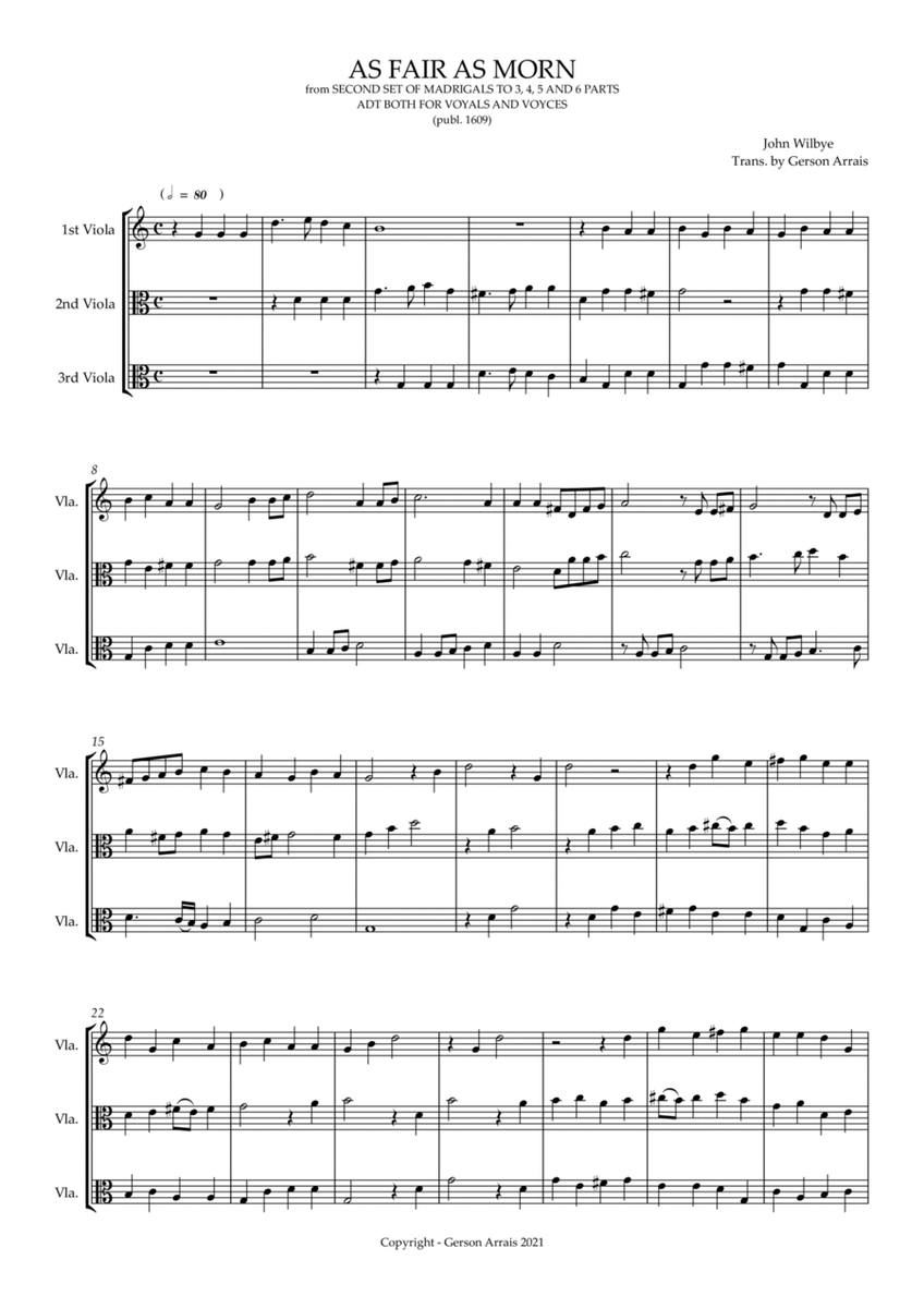 AS FAIR AS MORN - John Wilbye - Viola trio - Score and Parts image number null