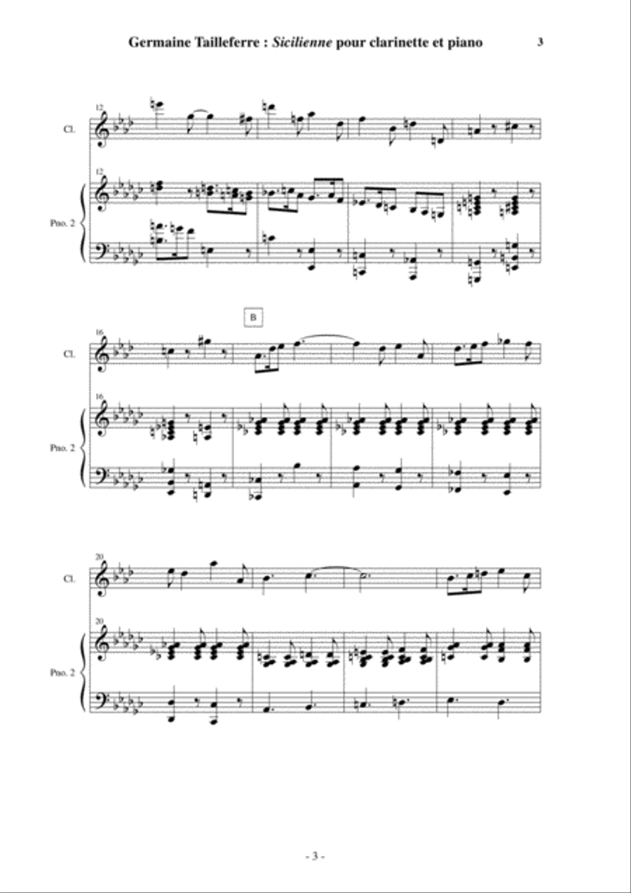 Germaine Tailleferre: Sicilienne for clarinet and piano Clarinet Solo scores gallery preview page 3