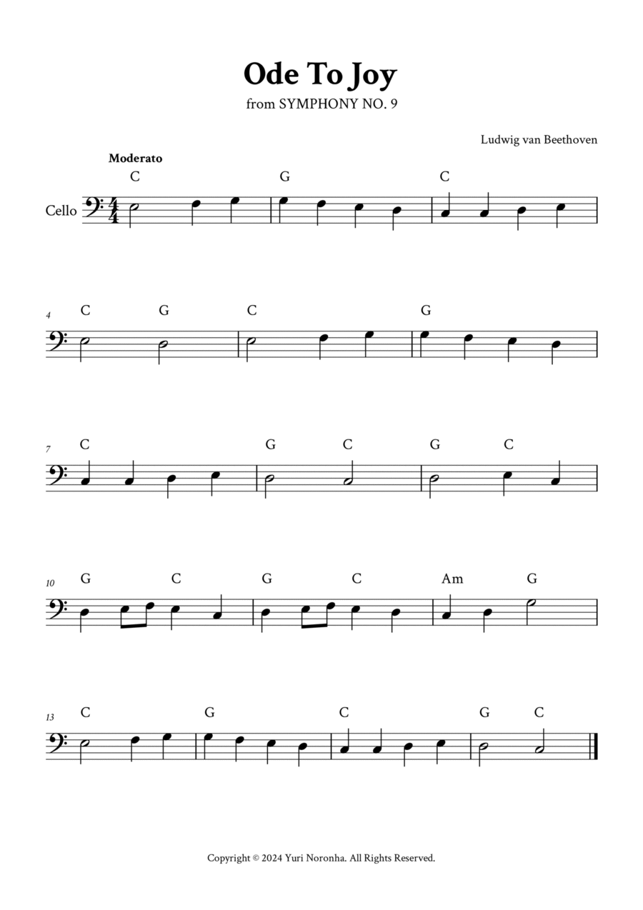 Ode To Joy Easy Cello C Major with Chords by Ludwig van