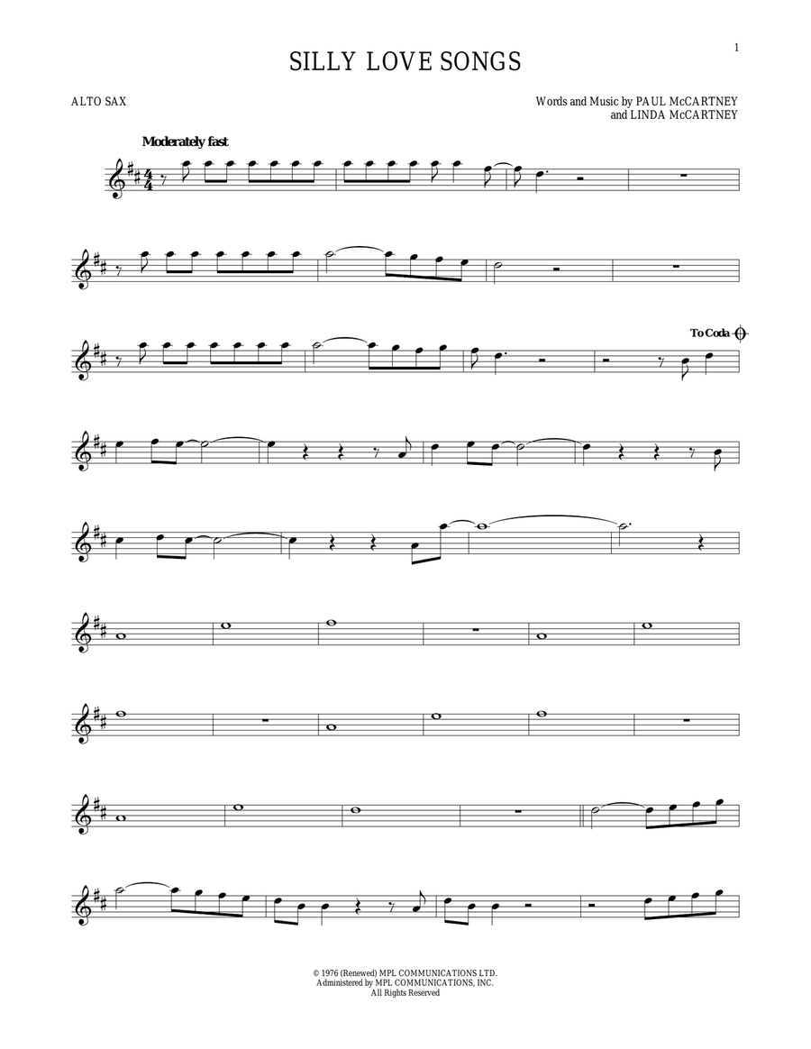 Silly Love Songs Alto Saxophone scores gallery preview page 1