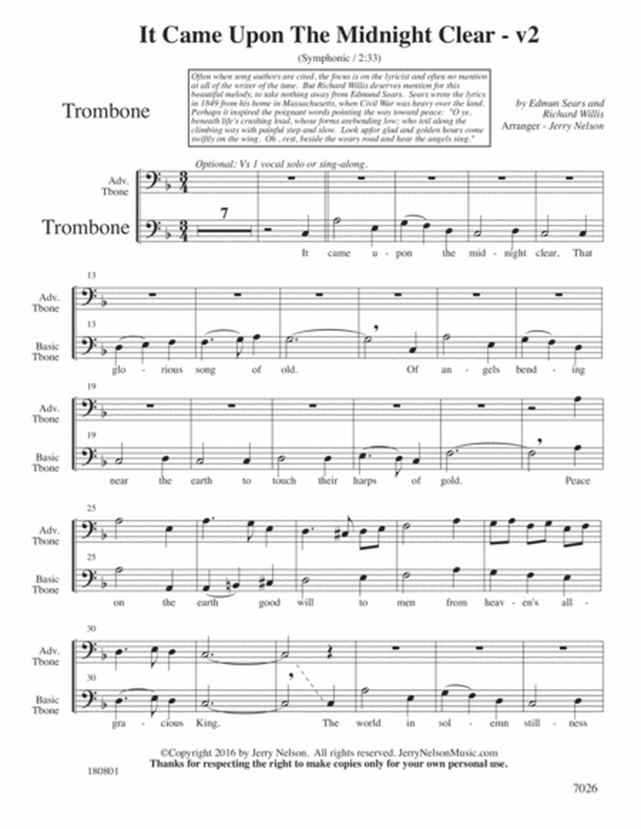 It Came Upon the Midnight Clear-v2 (Arrangements Level 1-3 for TROMBONE + Written Acc) image number null