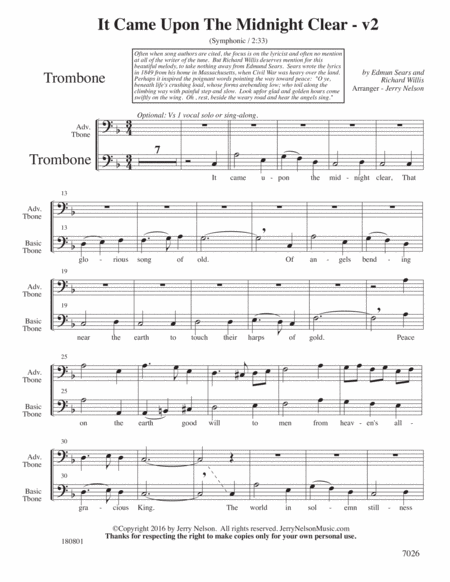 It Came Upon the Midnight Clear-v2 (Arrangements Level 1-3 for TROMBONE + Written Acc) image number null