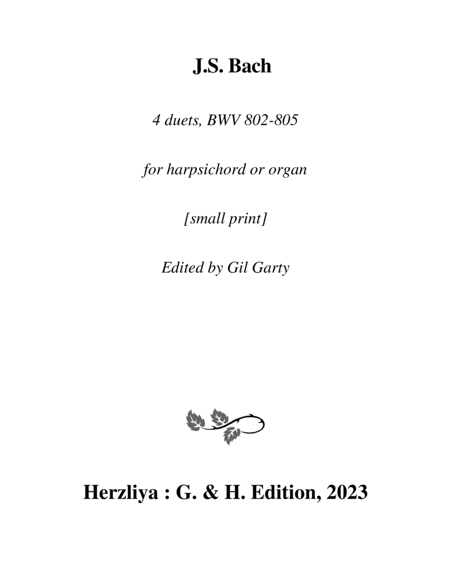 4 duets BWV 802-805 for harpsichord or organ [small print] Harpsichord scores gallery preview page 1