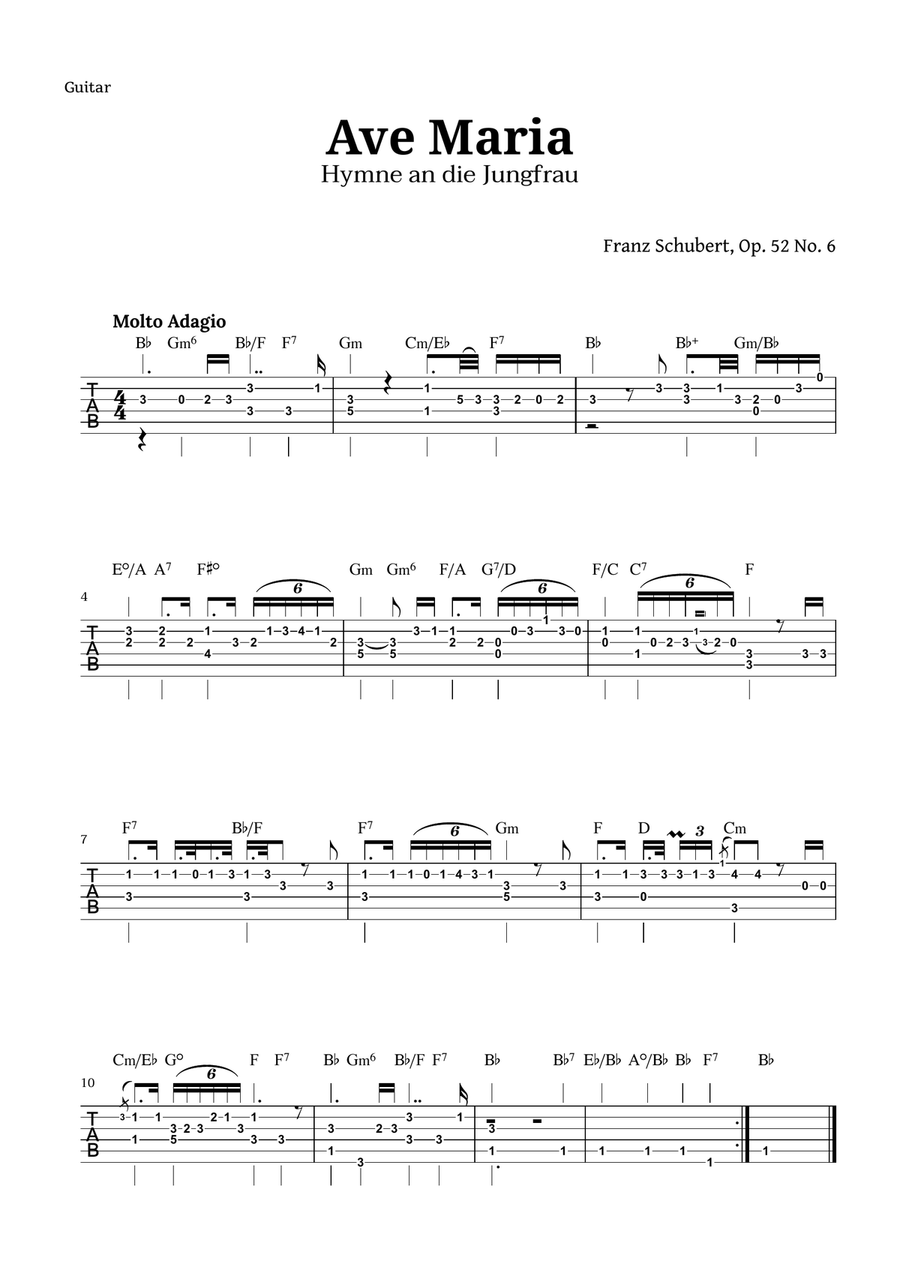 Ave Maria by Schubert for Guitar with Chords Classical Guitar scores gallery preview page 1
