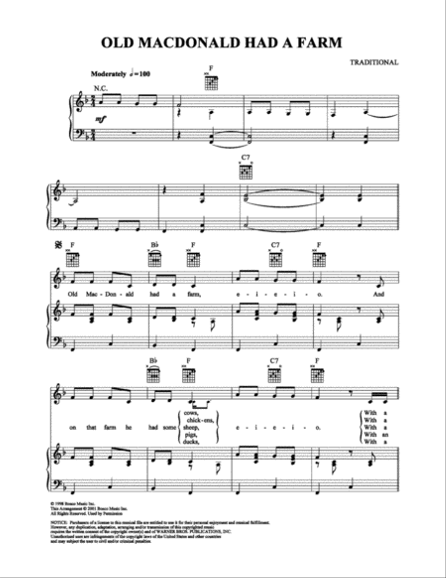 Old MacDonald Had a Farm Piano, Vocal, Guitar scores gallery preview page 1