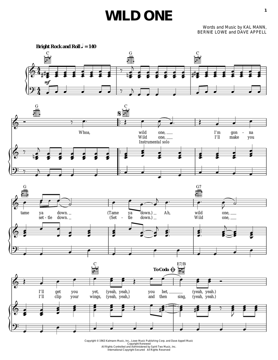 Wild One Piano, Vocal, Guitar scores gallery preview page 1