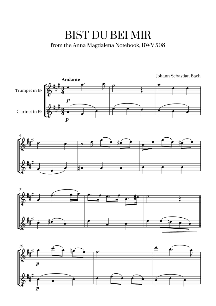 Johann Sebastian Bach - Bist du bei Mir (BWV 508) (G major) (for Trumpet and Clarinet)