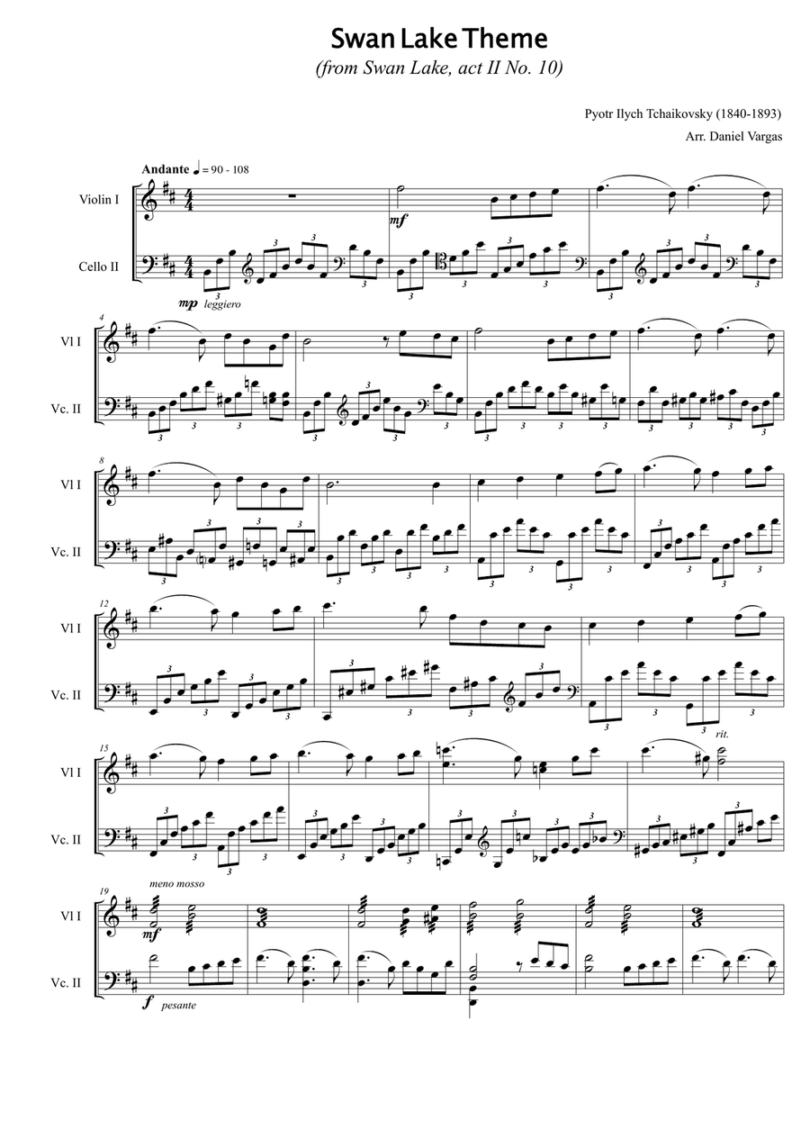 Swan Lake Theme, for violin and cello String Duet scores gallery preview page 2