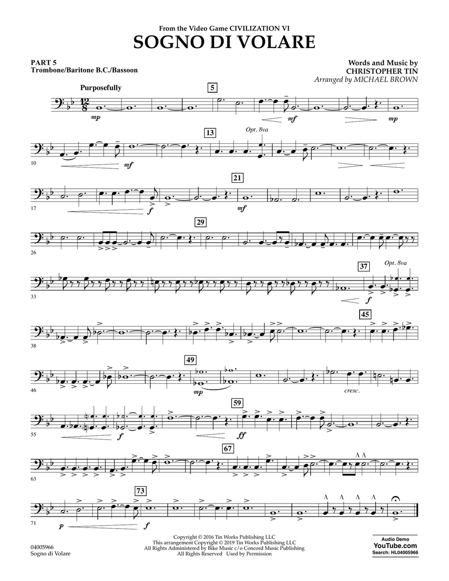 Sogno di Volare (from Civilization VI) (arr. Michael Brown) - Pt.5 - Trombone/Bar. B.C./Bsn. Concert Band scores gallery preview page 1