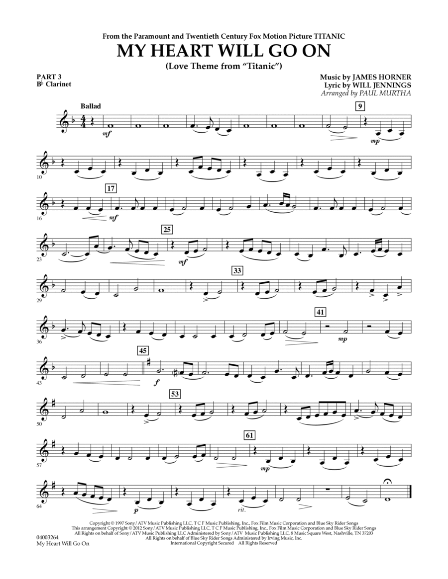 My Heart Will Go On (Love Theme from Titanic) - Pt.3 - Bb Clarinet Concert Band scores gallery preview page 1