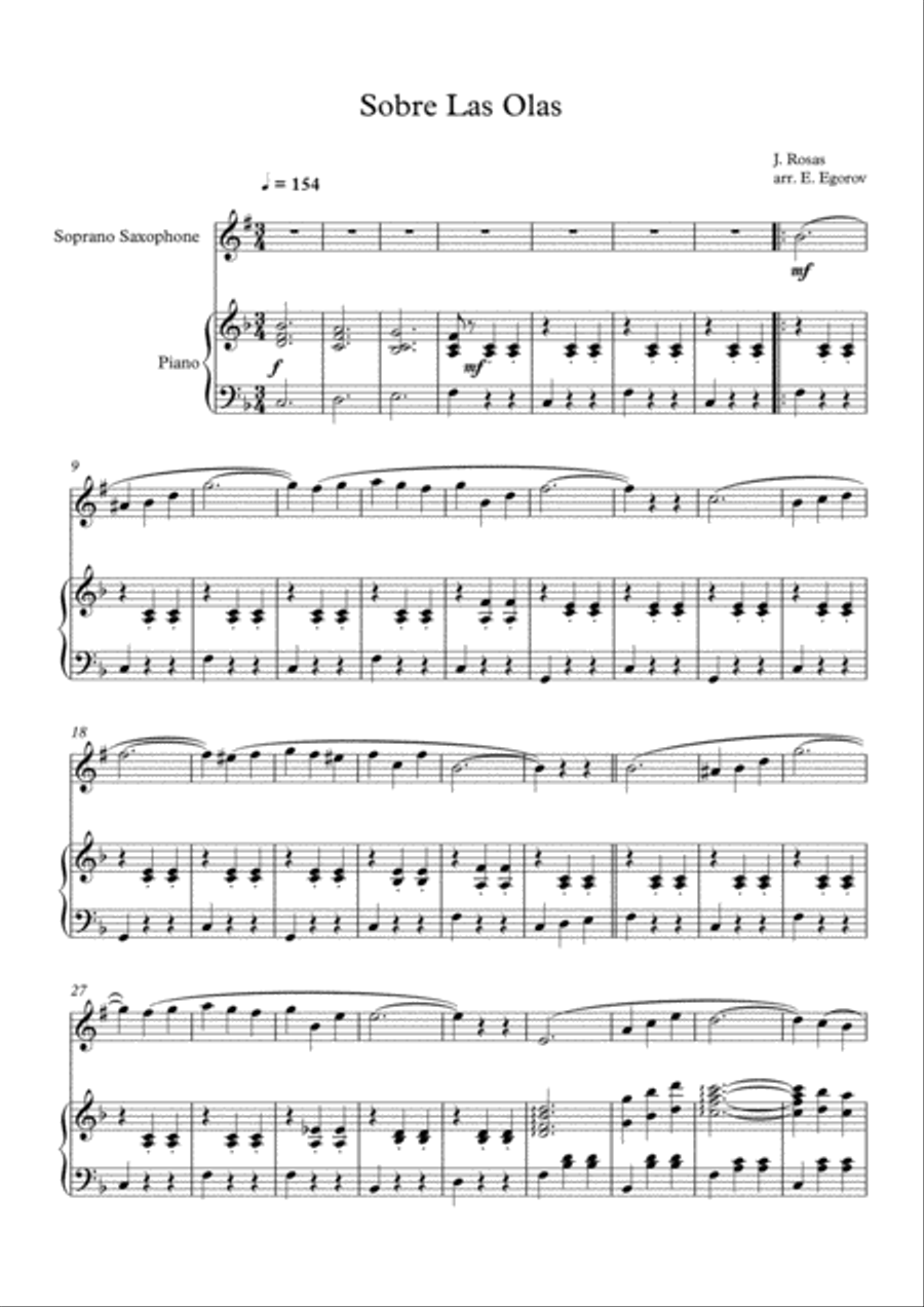 Sobre Las Olas (Over The Waves), Juventino Rosas, For Soprano Saxophone & Piano image number null