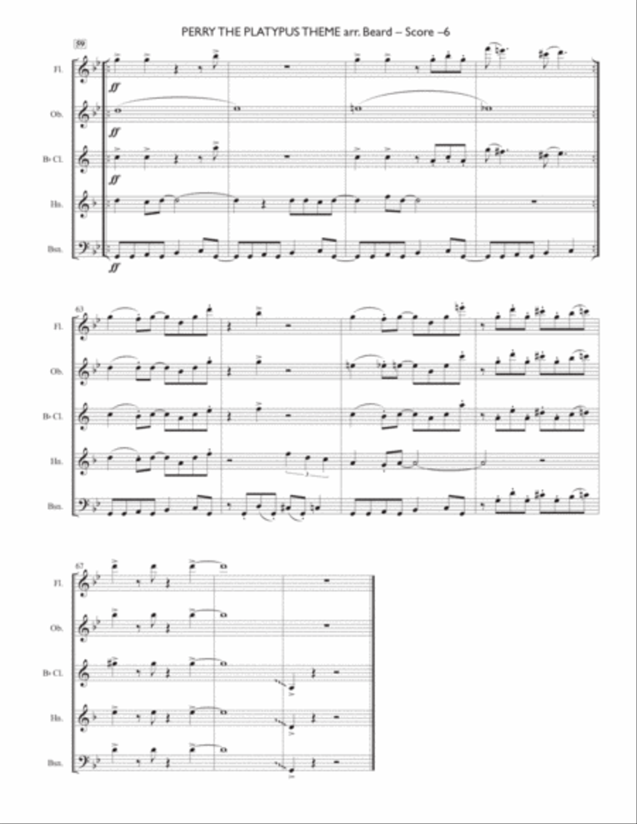Perry The Platypus Theme Woodwind Quintet scores gallery preview page 6