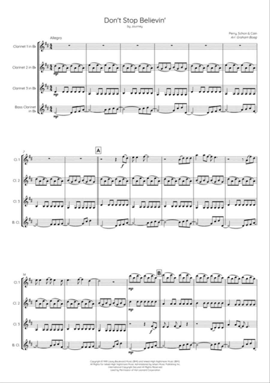 Don't Stop Believin' Clarinet Quartet scores gallery preview page 2