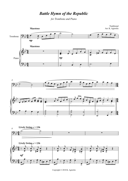 Battle Hymn of the Republic - a Jazz Arrangement - for Trombone and Piano image number null