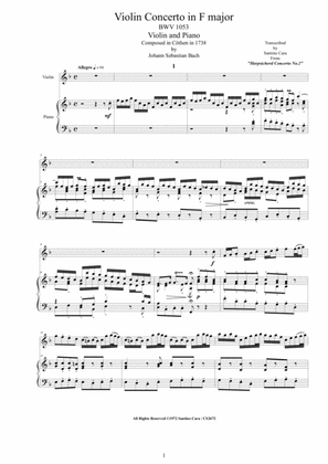 Book cover for Bach - Violin Concerto in F major BWV1053 for Violin and Piano