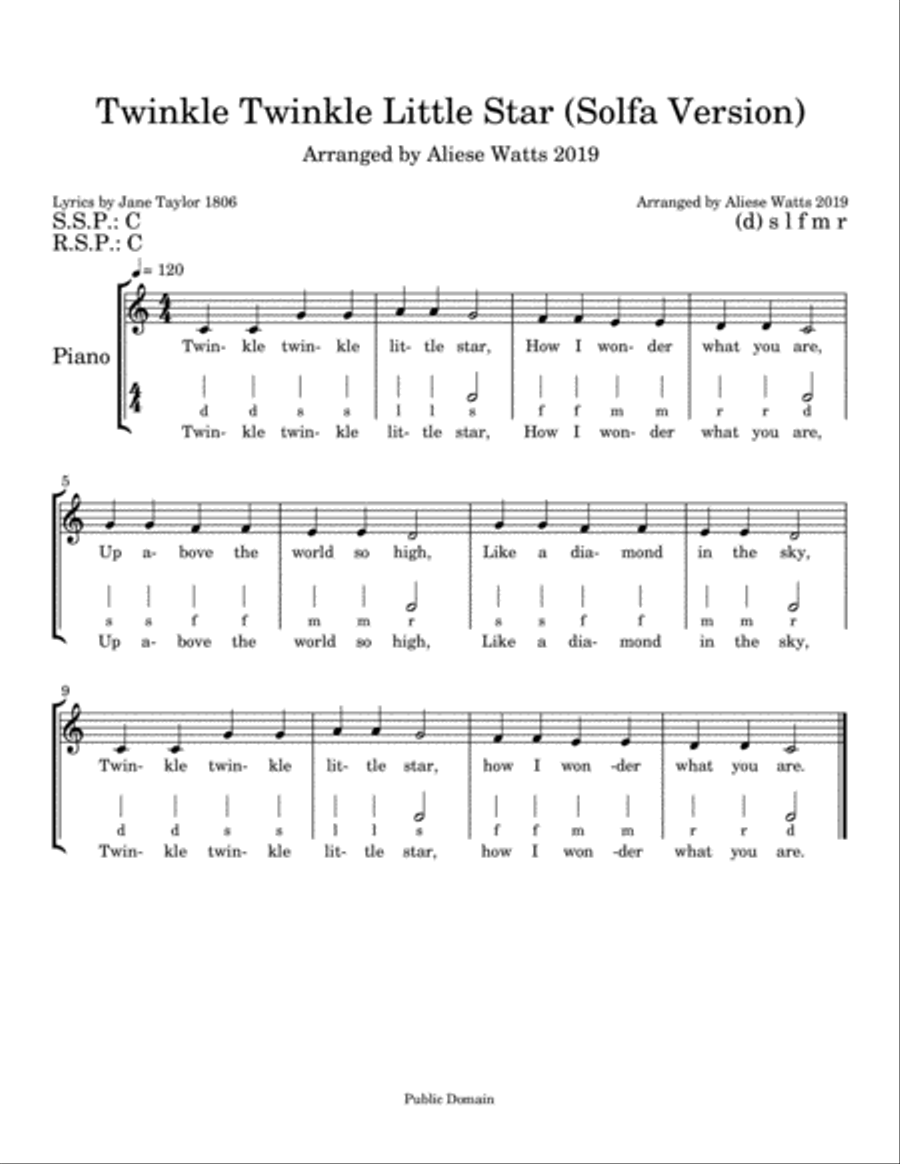 Twinkle Twinkle Little Star (Solfa Version) Voice scores gallery preview page 1