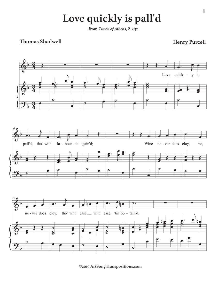 PURCELL: Love quickly is pall'd (transposed to F major) Voice scores gallery preview page 2