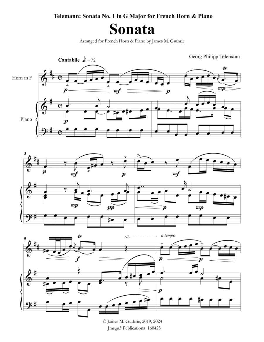 Telemann: Sonata in G Major for French Horn & Piano Horn scores gallery preview page 1