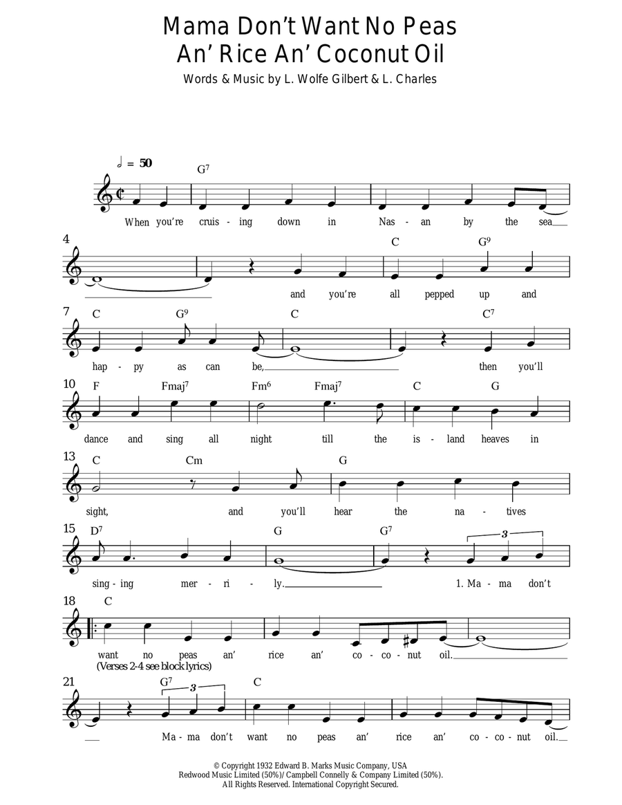 Mama Don't Want No Peas An' Rice An' Coconut Oil Piano scores gallery preview page 1