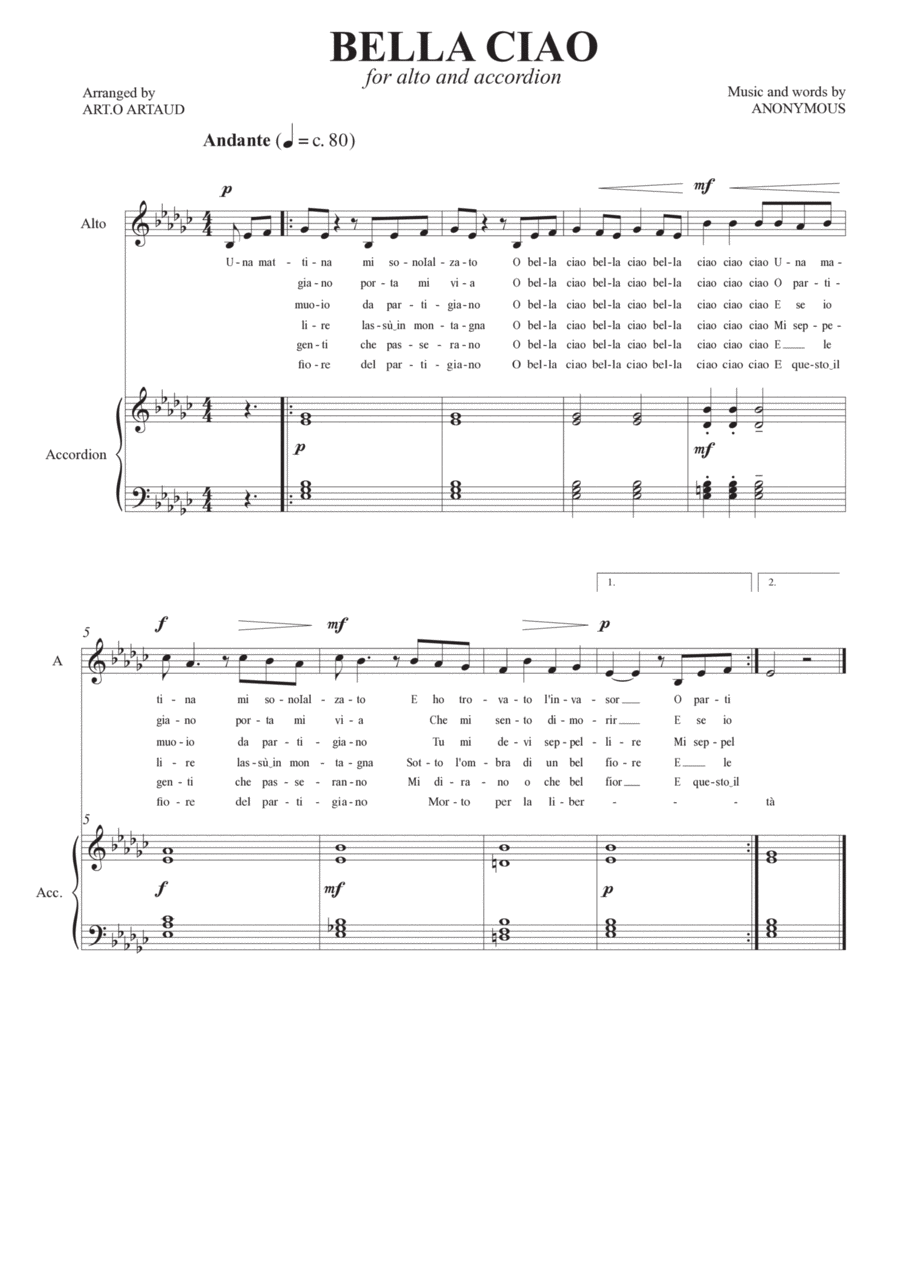 Bella Ciao Alto Voice scores gallery preview page 1
