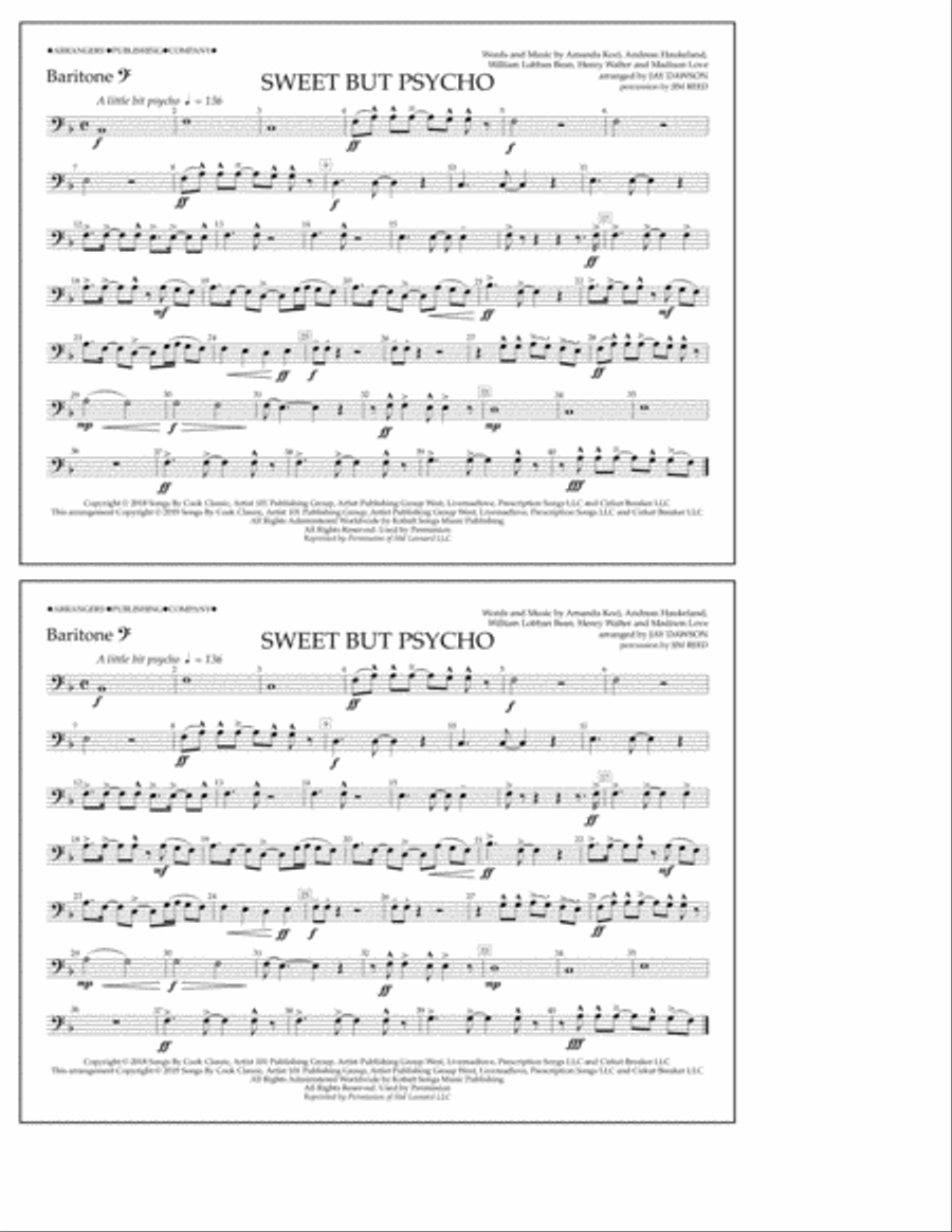 Sweet But Psycho (arr. Jay Dawson) - Baritone B.C. Marching Band scores gallery preview page 1