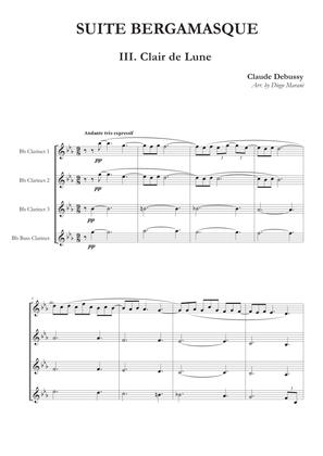Book cover for Clair de Lune from "Suite Bergamasque" for Clarinet Quartet