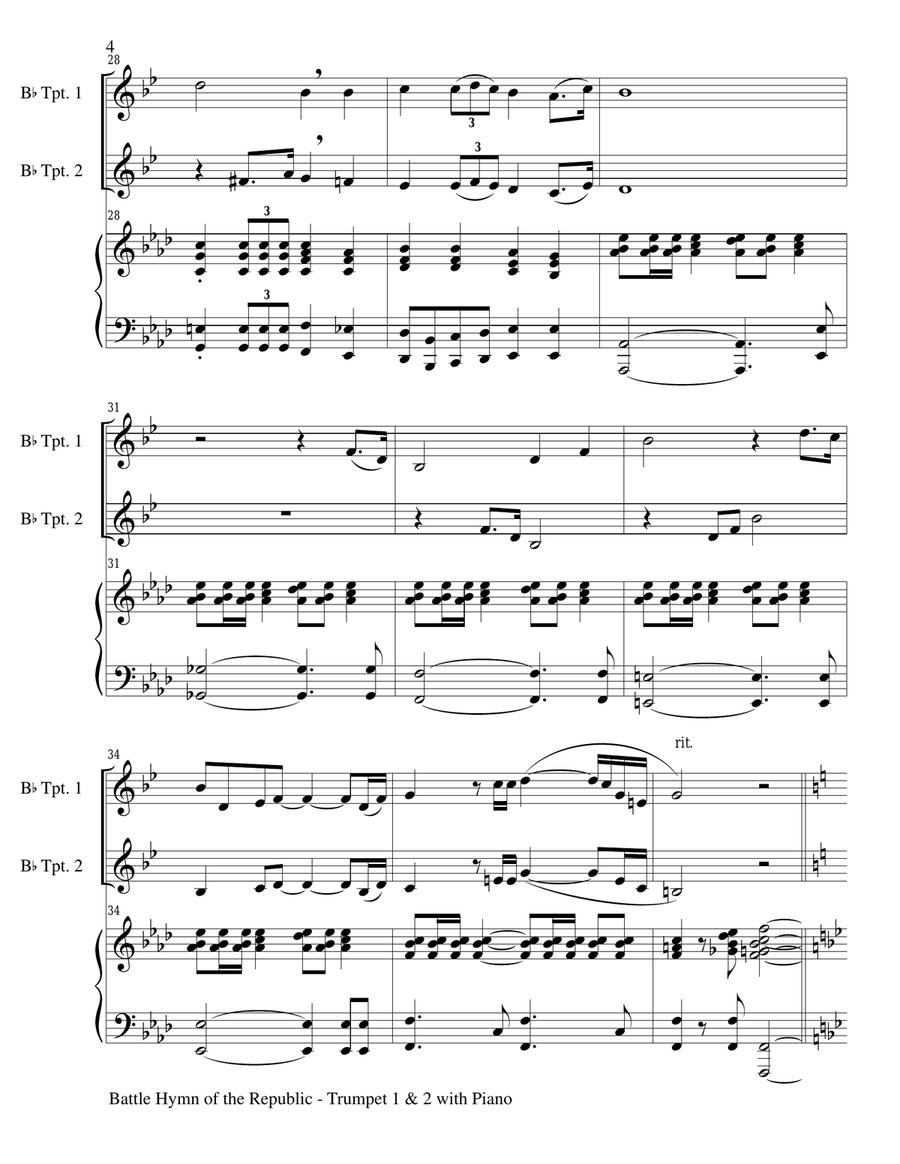 BATTLE HYMN OF THE REPUBLIC (Trio– Bb Trumpet1, Bb Trumpet 2 with Piano/Score and Parts) Trumpet Duet scores gallery preview page 4