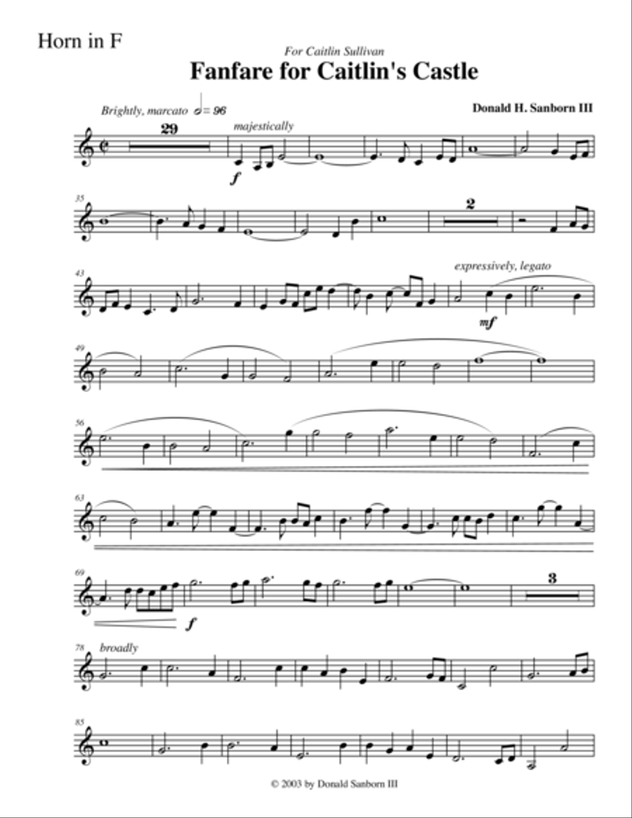 Fanfare for Caitlin's Castle-Horn in F Horn Solo scores gallery preview page 1